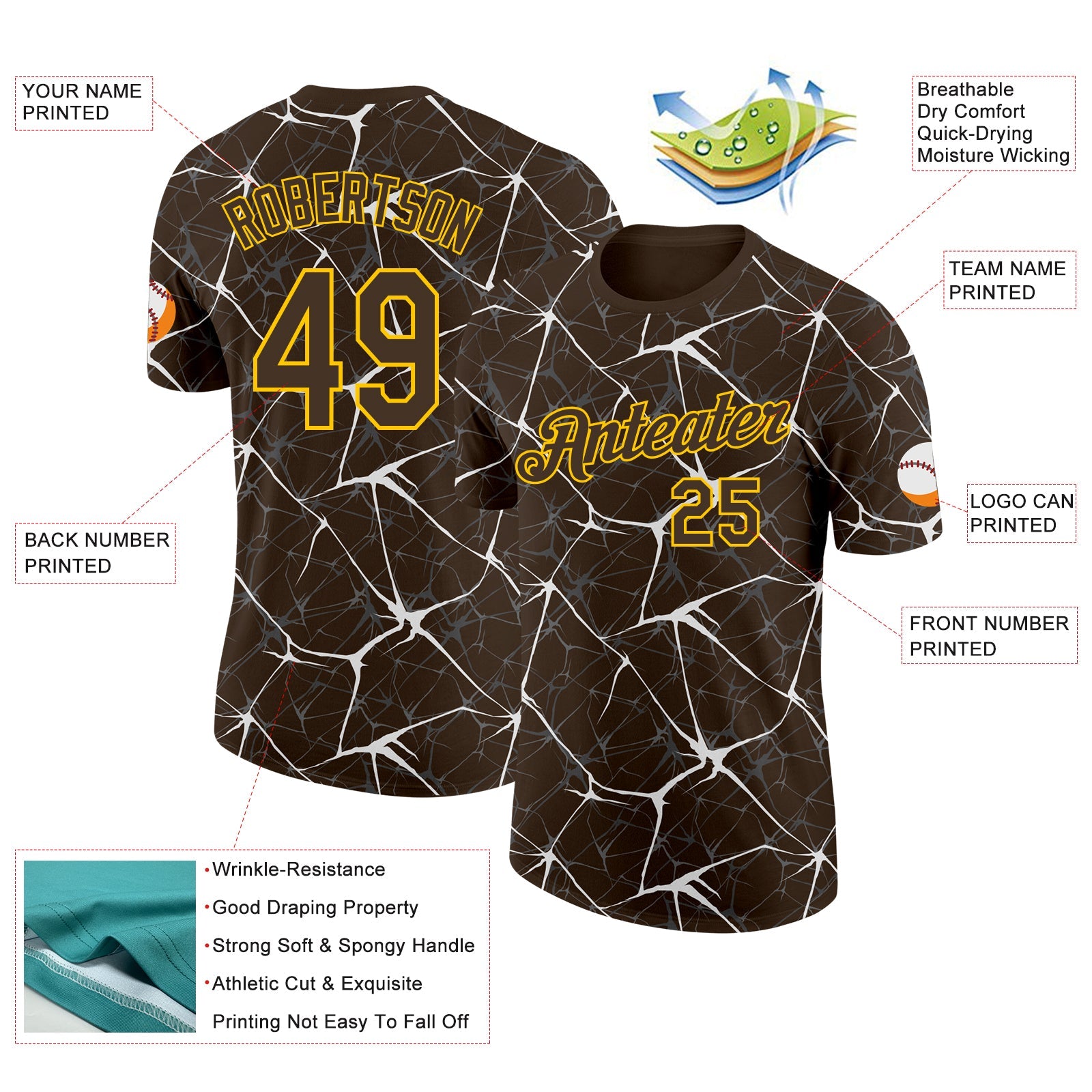 Custom Brown White Gray-Yellow Abstract Network Crackle Performance T-Shirt view 2