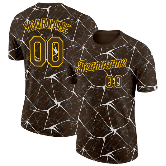 Custom Brown White Gray-Yellow Abstract Network Crackle Performance T-Shirt - Main View