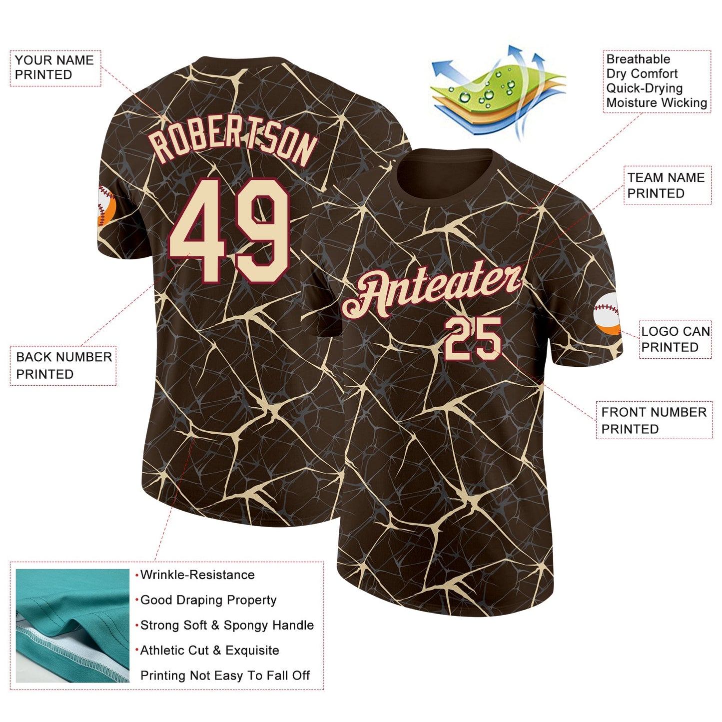 Custom Brown Cream Gray-Crimson Abstract Network Crackle Performance T-Shirt view 2