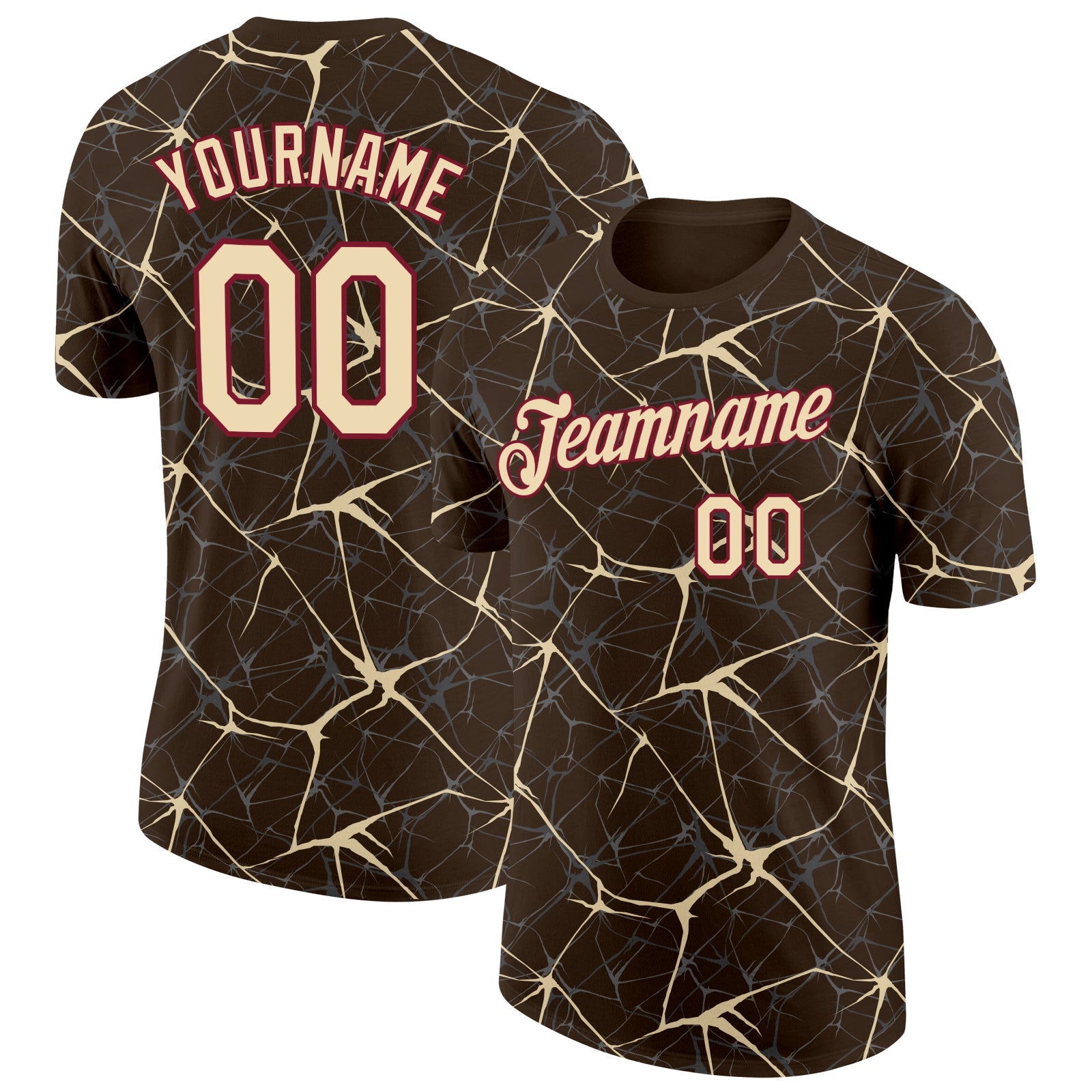 Custom Brown Cream Gray-Crimson Abstract Network Crackle Performance T-Shirt - Main View