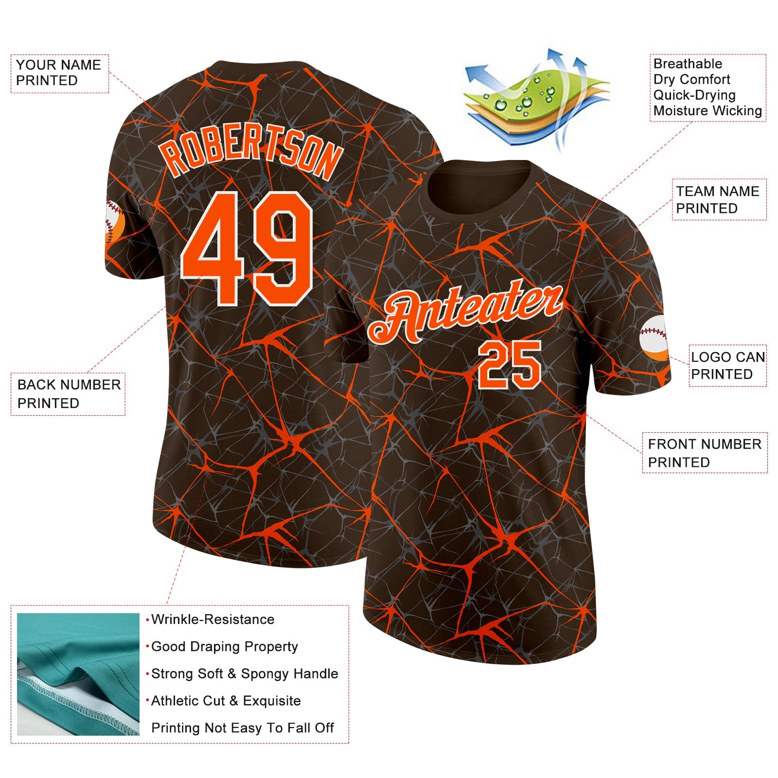 Custom Brown Orange Gray-White Abstract Network Crackle Performance T-Shirt view 2