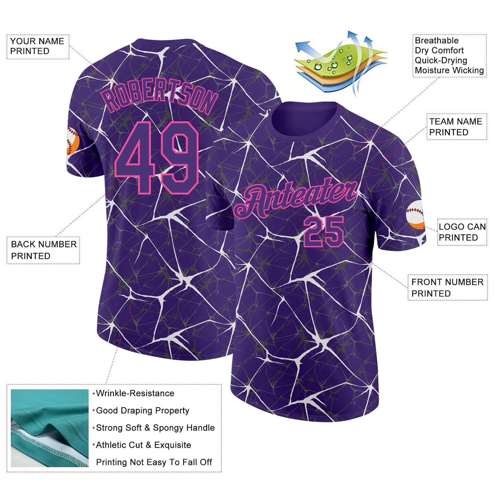 Custom Purple White Gray-Pink Abstract Network Crackle Performance T-Shirt view 2
