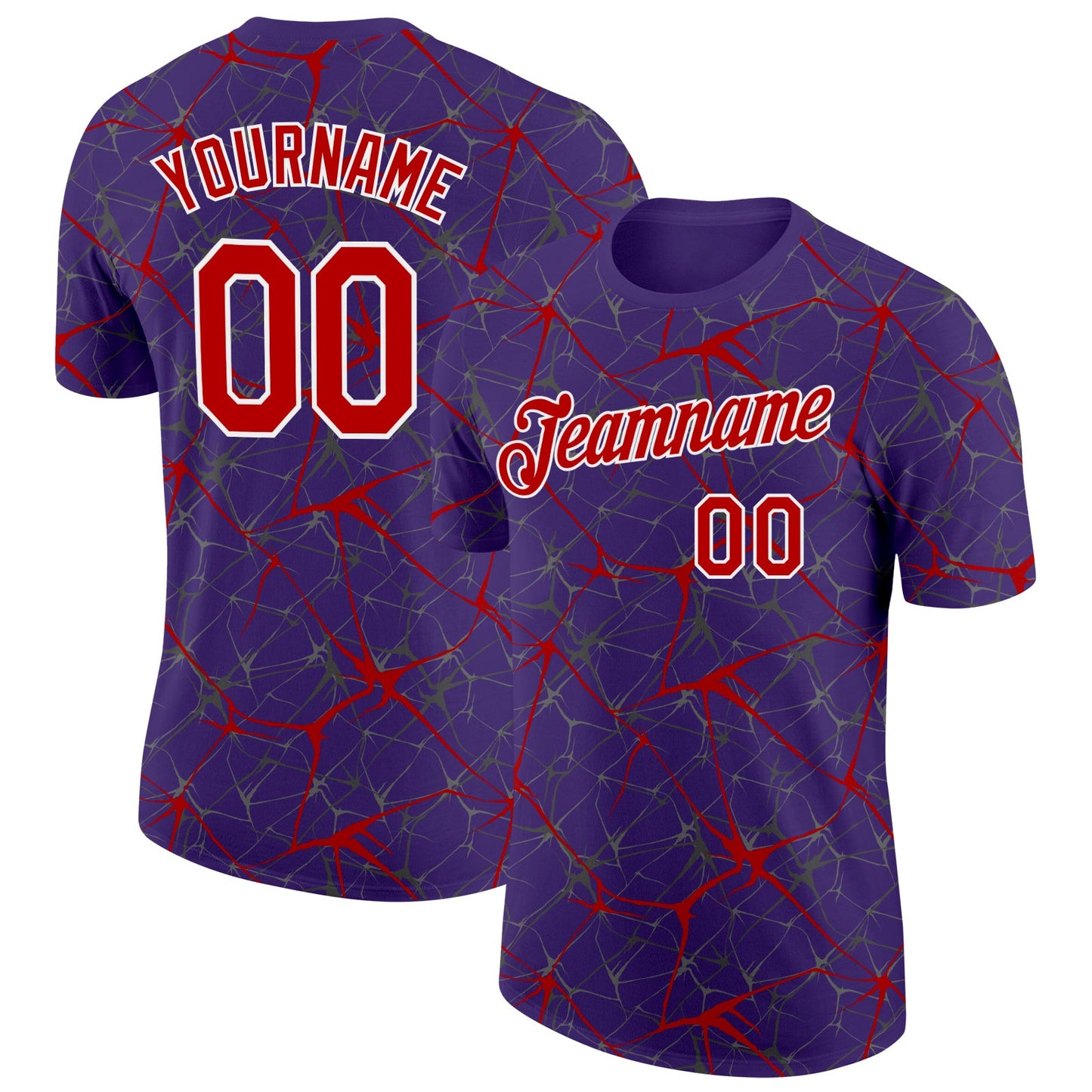 Custom Purple Red Gray-White Abstract Network Crackle Performance T-Shirt - Main View