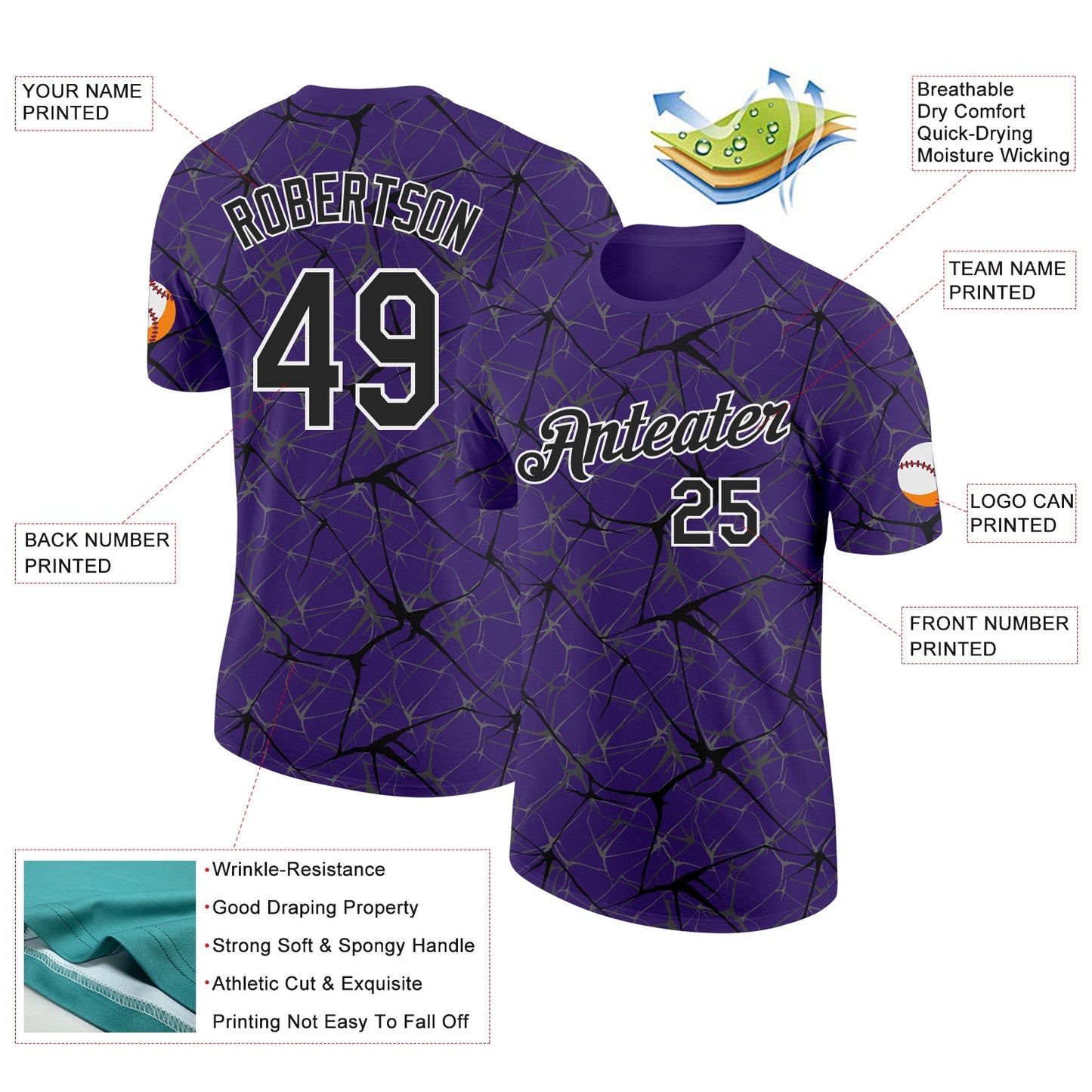 Custom Purple Black Gray-White Abstract Network Crackle Performance T-Shirt view 2