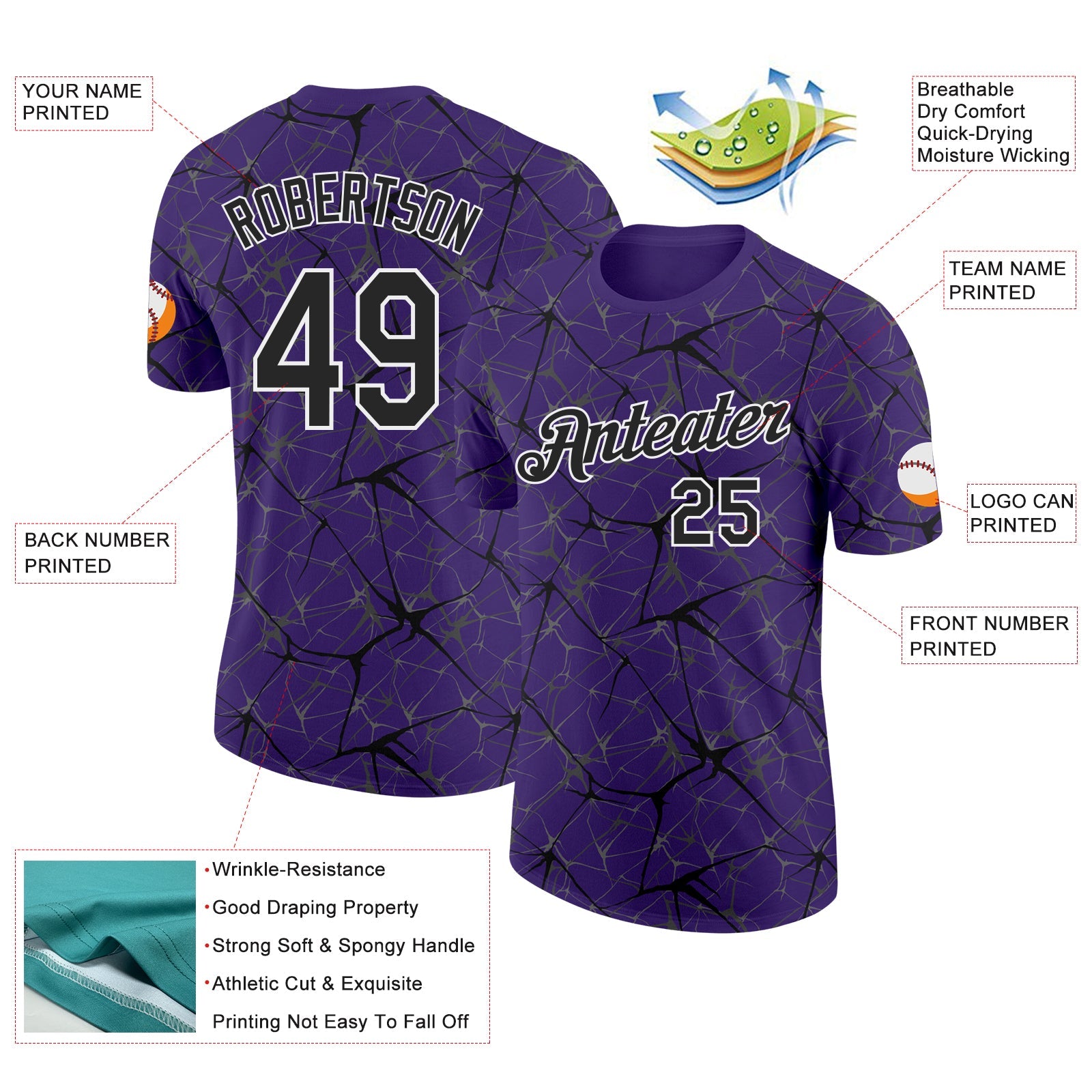 Custom Purple Black Gray-White Abstract Network Crackle Performance T-Shirt view 2