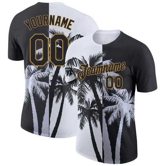 Custom White Black-Old Gold 3D Pattern Design Hawaii Coconut Trees Performance T-Shirt - Main View