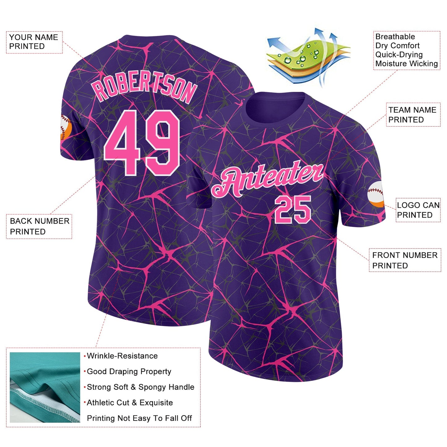 Custom Purple Pink Gray-White Abstract Network Crackle Performance T-Shirt view 2