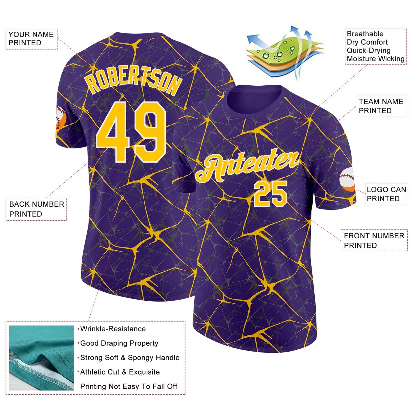 Custom Purple Yellow Gray-White Abstract Network Crackle Performance T-Shirt view 2
