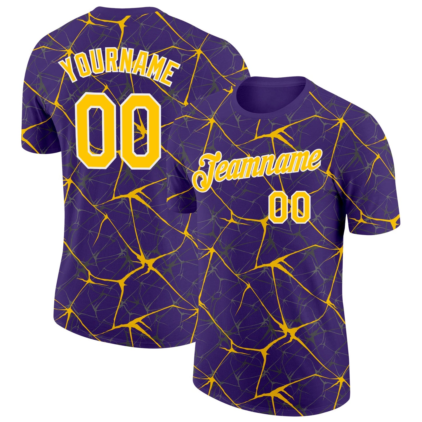 Custom Purple Yellow Gray-White Abstract Network Crackle Performance T-Shirt - Main View