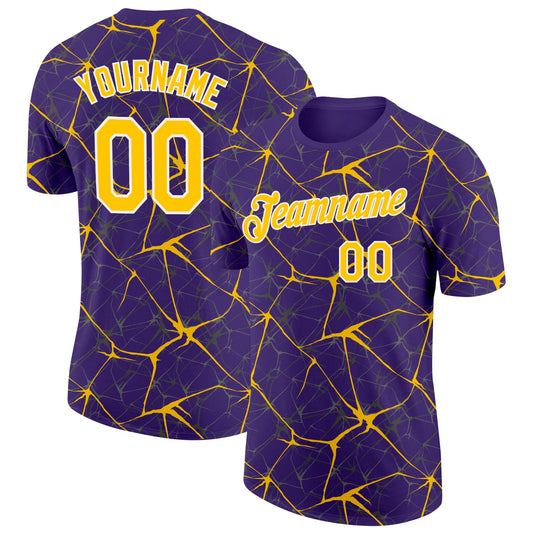 Custom Purple Yellow Gray-White Abstract Network Crackle Performance T-Shirt - Main View
