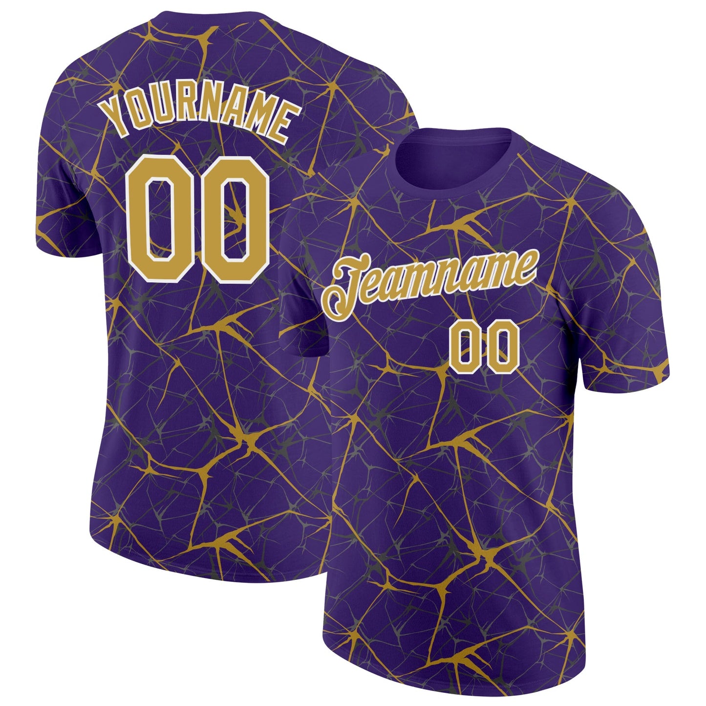 Custom Purple Old Gold Gray-White Abstract Network Crackle Performance T-Shirt - Main View