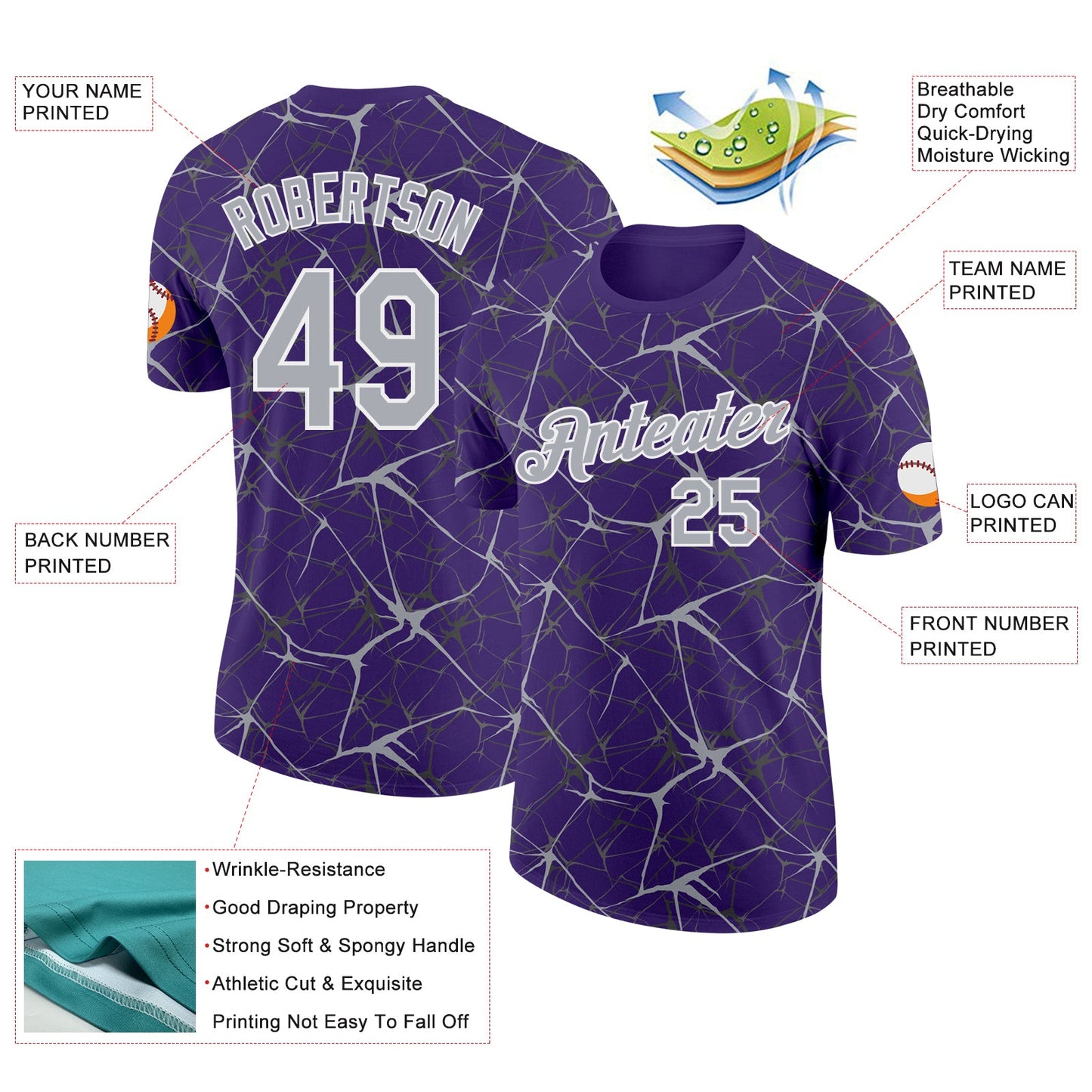 Custom Purple Gray-White Abstract Network Crackle Performance T-Shirt view 2
