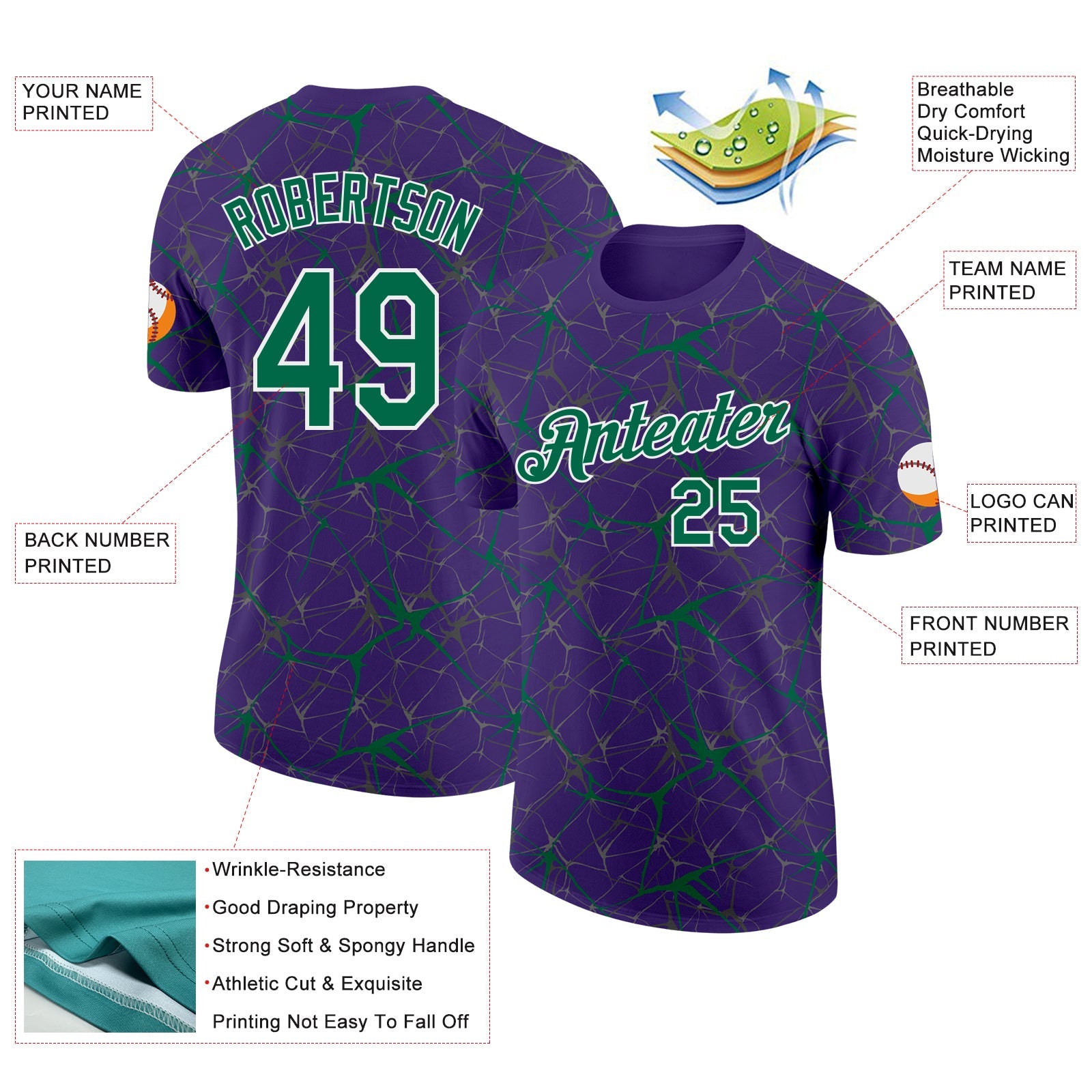 Custom Purple Kelly Green Gray-White Abstract Network Crackle Performance T-Shirt view 2