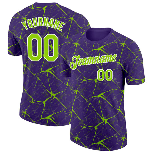 Custom Purple Neon Green Gray-White Abstract Network Crackle Performance T-Shirt - Main View