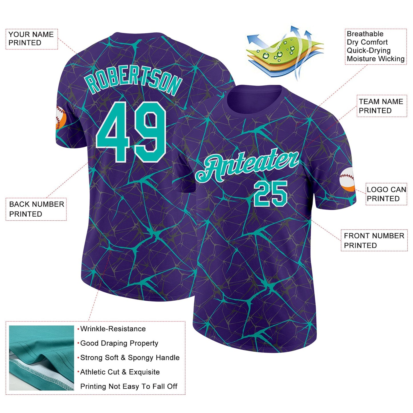 Custom Purple Aqua Gray-White Abstract Network Crackle Performance T-Shirt view 2