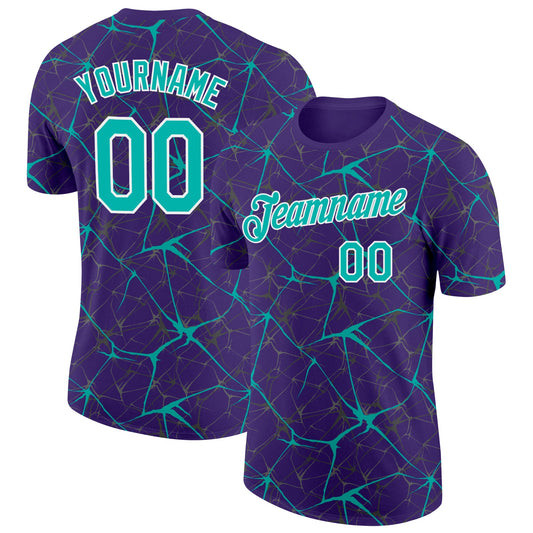 Custom Purple Aqua Gray-White Abstract Network Crackle Performance T-Shirt - Main View