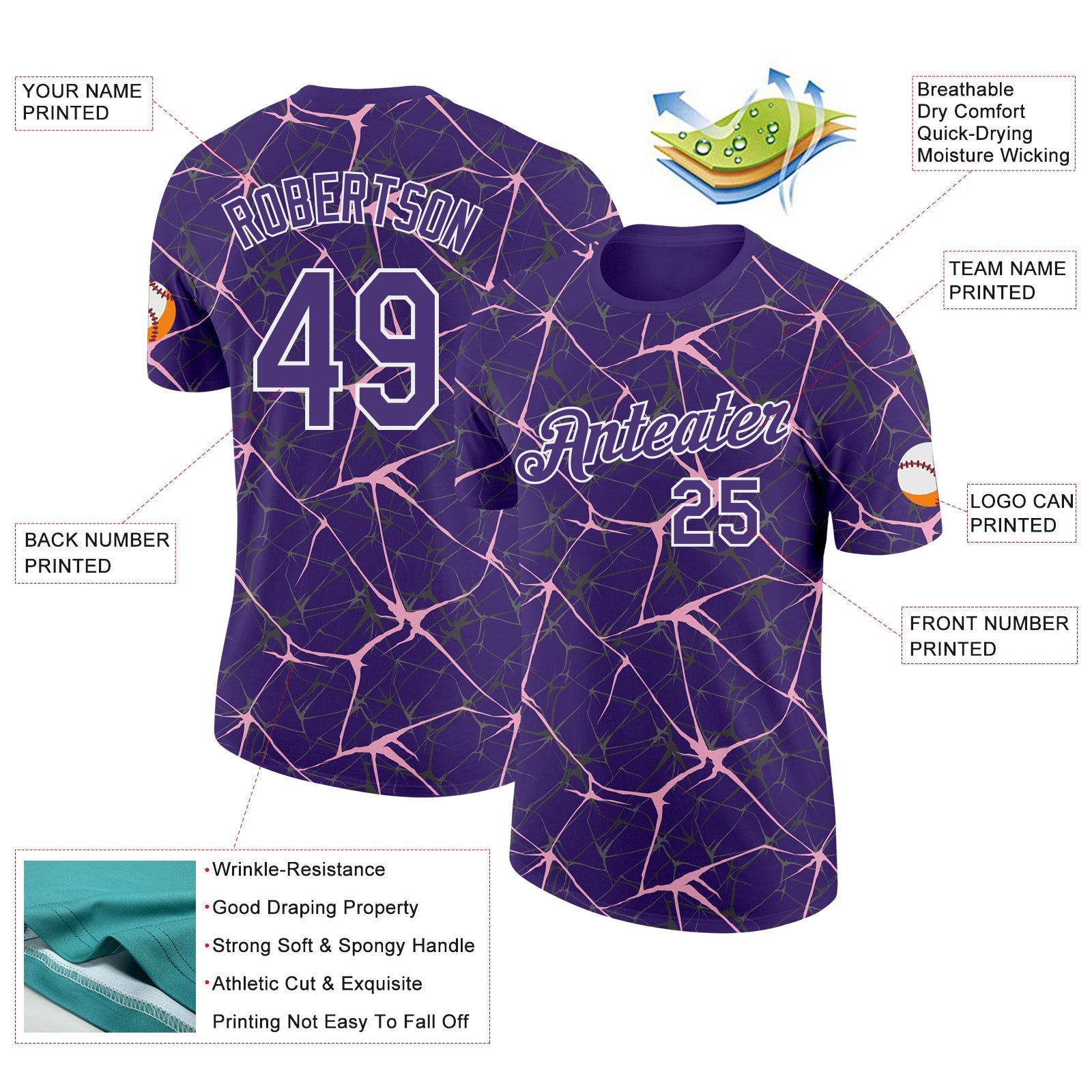 Custom Purple Light Pink Gray-White Abstract Network Crackle Performance T-Shirt view 2