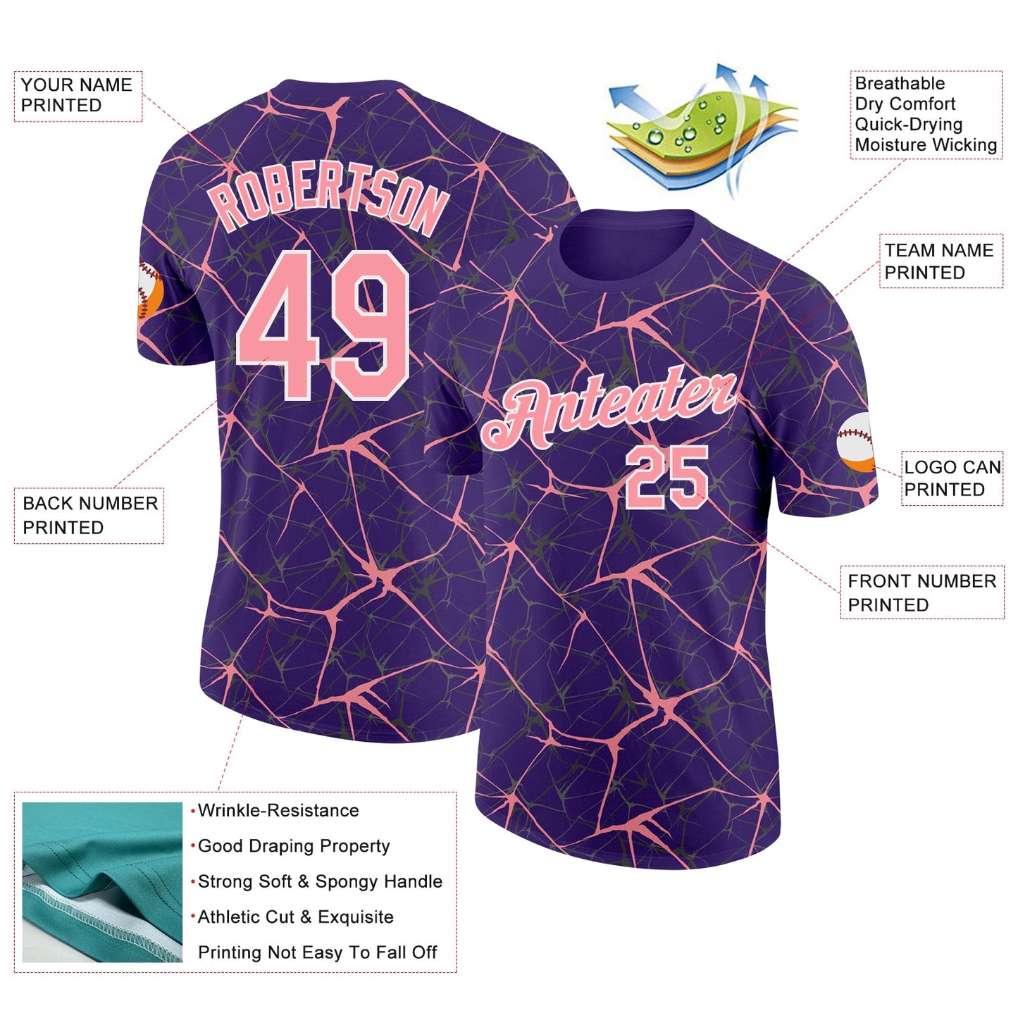 Custom Purple Medium Pink Gray-White Abstract Network Crackle Performance T-Shirt view 2