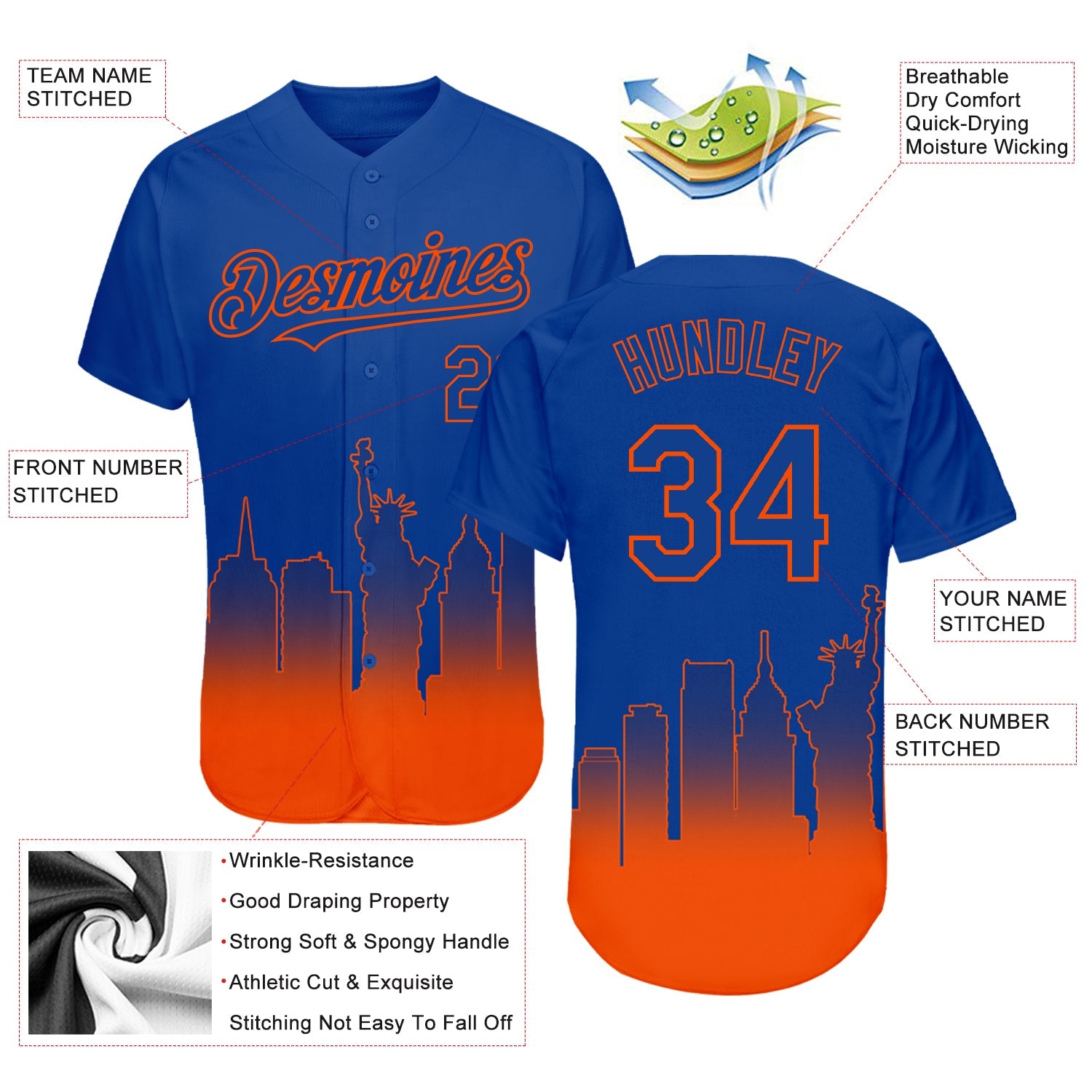 Custom Royal Orange 3D New York City Edition Fade Fashion Authentic Baseball Jersey view 3