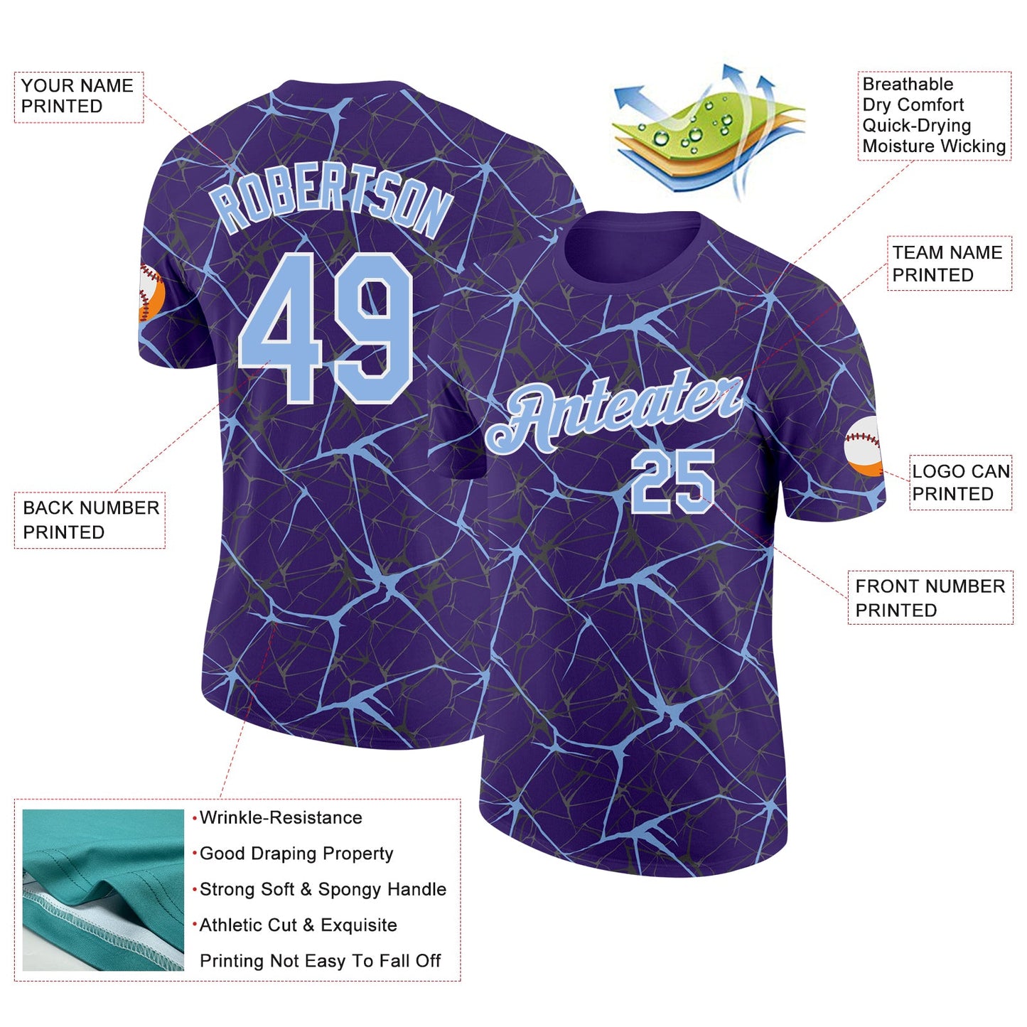 Custom Purple Light Blue Gray-White Abstract Network Crackle Performance T-Shirt view 2