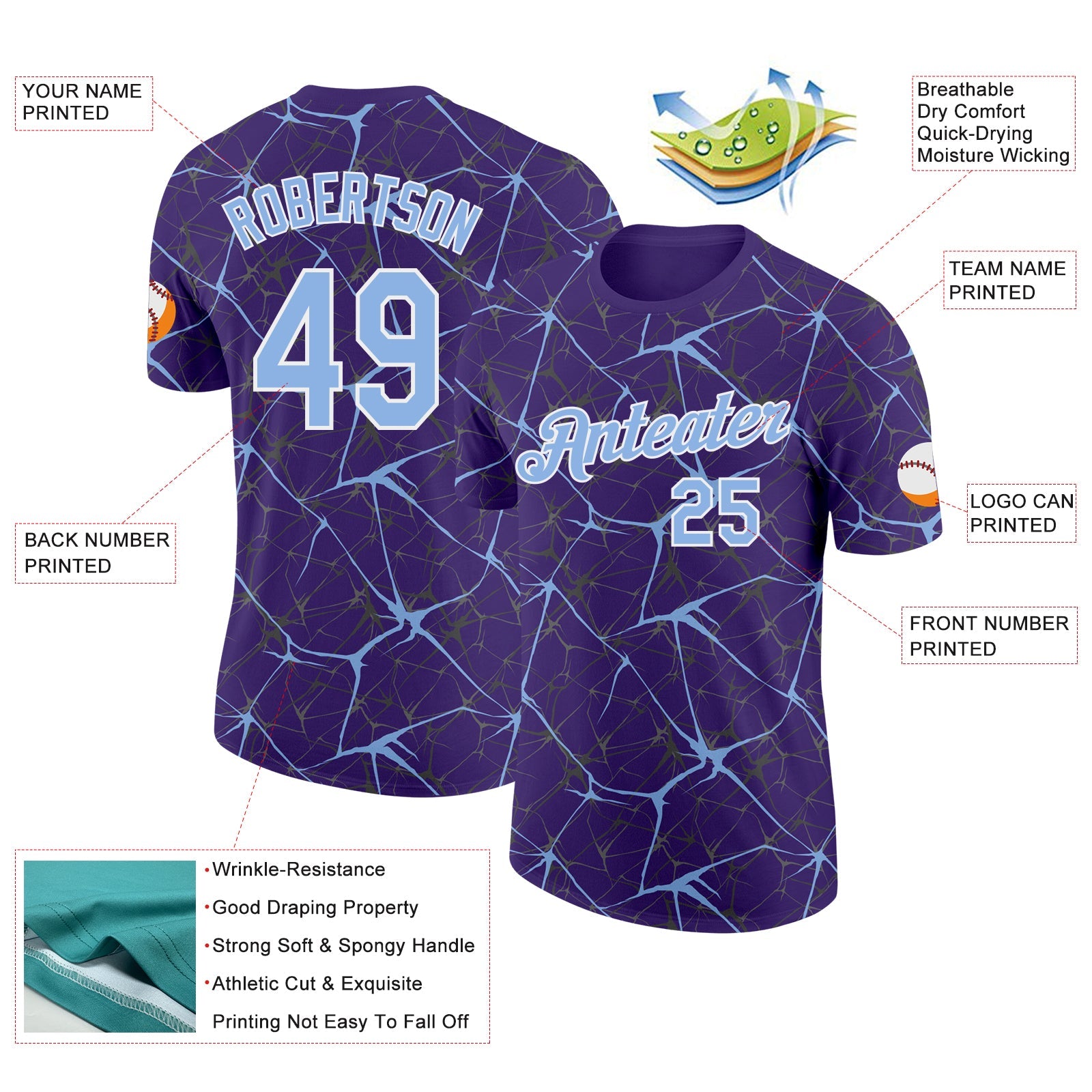 Custom Purple Light Blue Gray-White Abstract Network Crackle Performance T-Shirt view 2