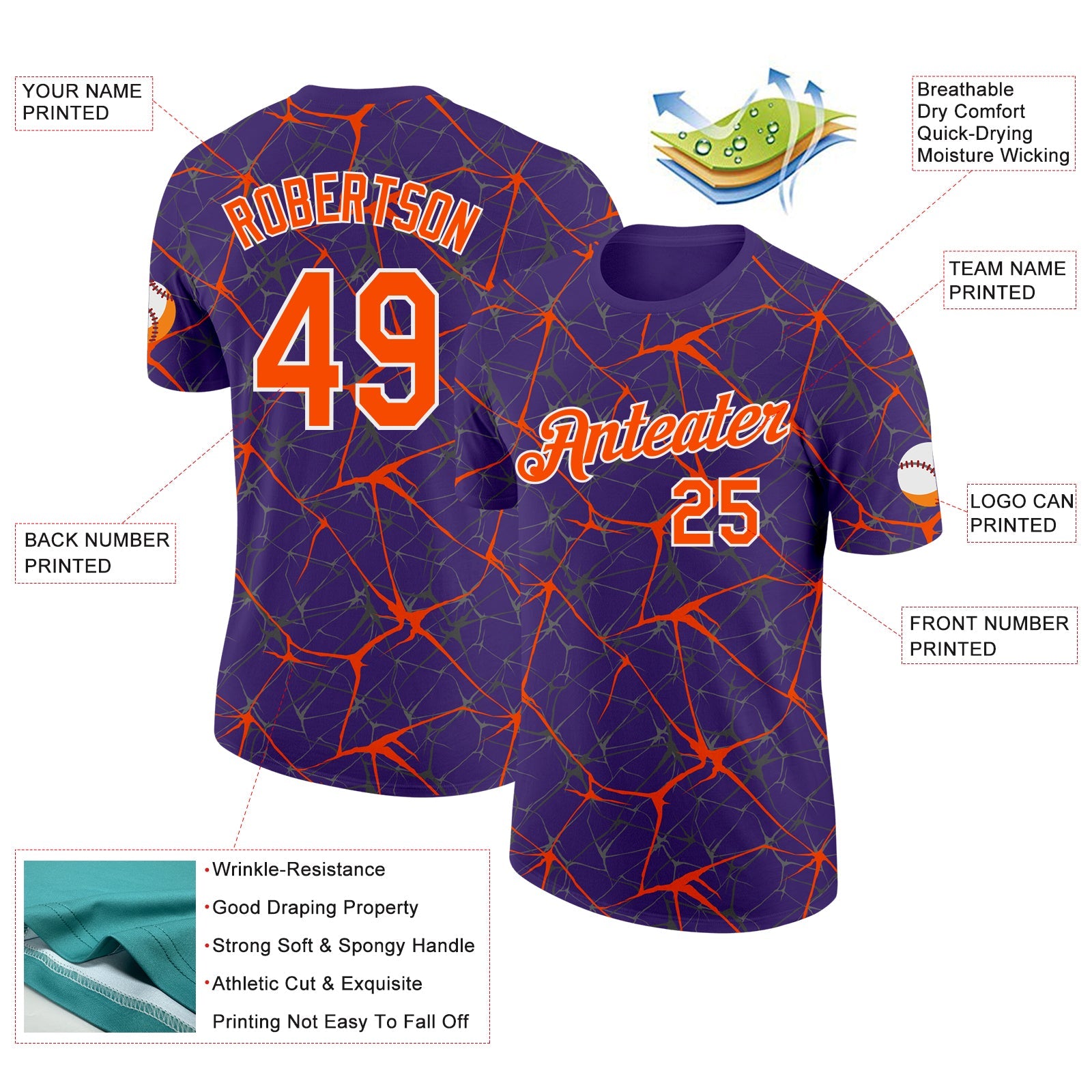 Custom Purple Orange Gray-White Abstract Network Crackle Performance T-Shirt view 2