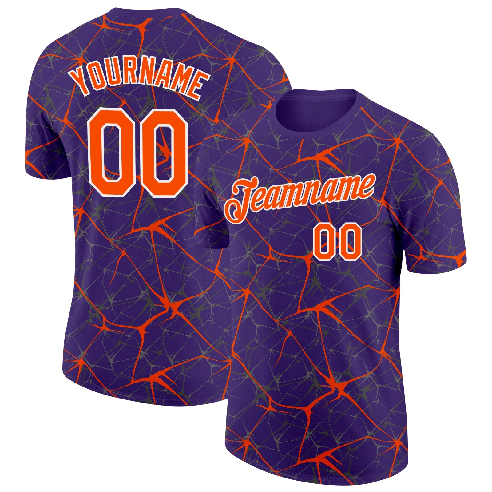 Custom Purple Orange Gray-White Abstract Network Crackle Performance T-Shirt - Main View
