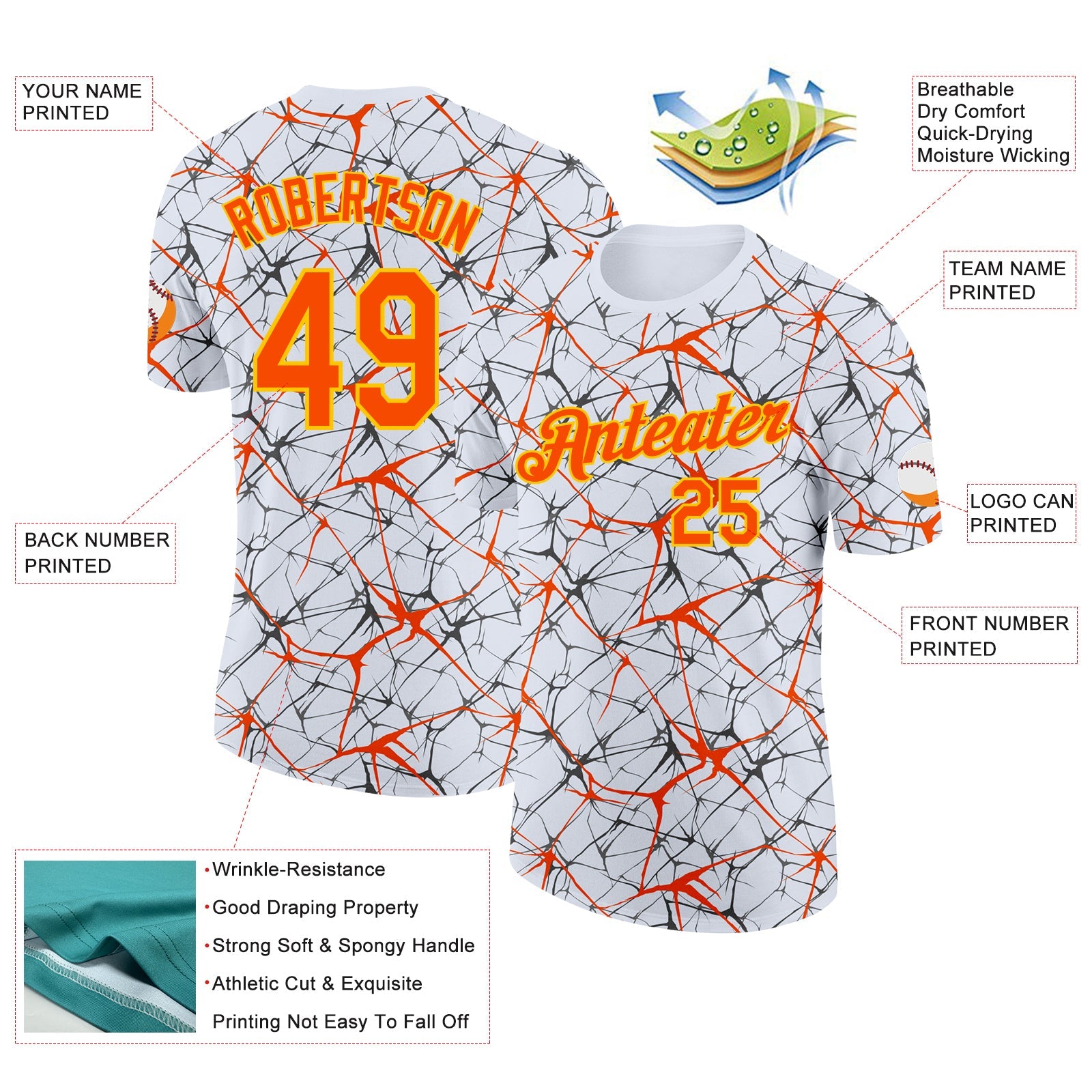Custom White Orange Gray-Yellow Abstract Network Crackle Performance T-Shirt view 2