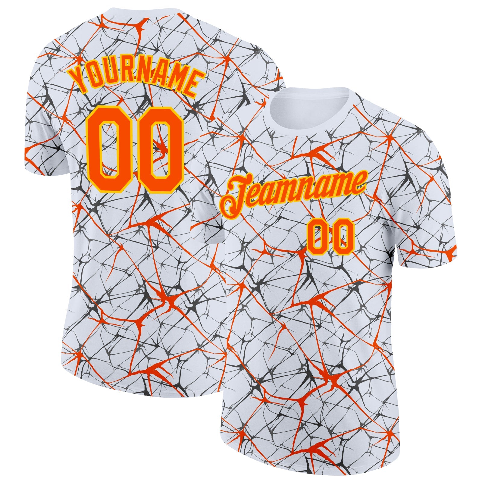 Custom White Orange Gray-Yellow Abstract Network Crackle Performance T-Shirt - Main View