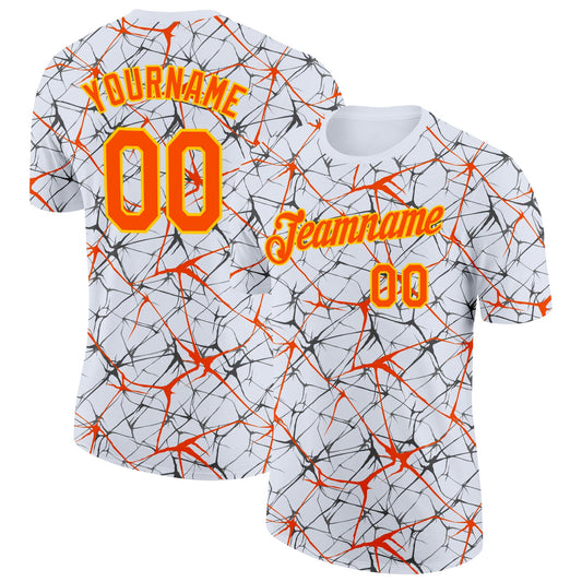 Custom White Orange Gray-Yellow Abstract Network Crackle Performance T-Shirt - Main View