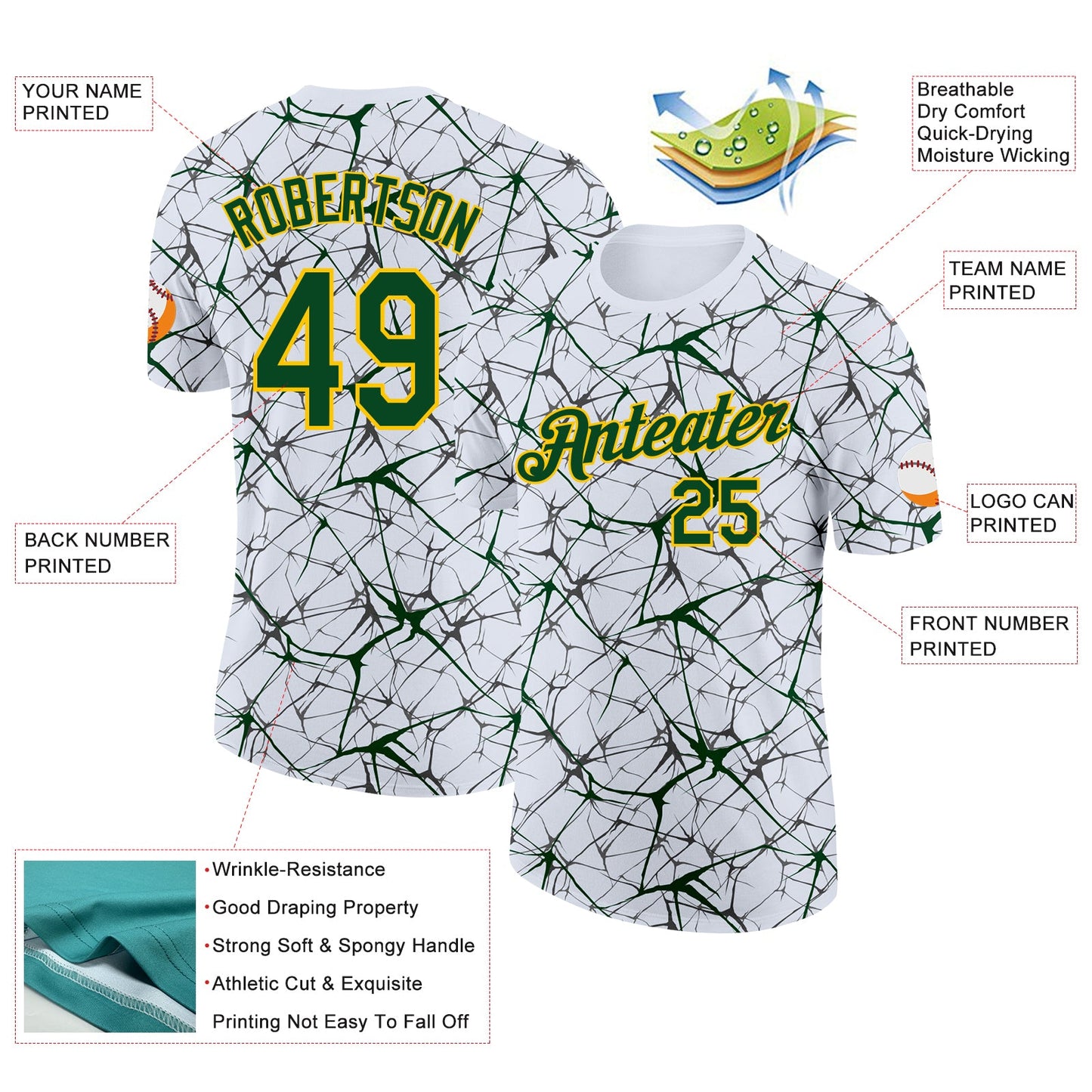Custom White Green Gray-Yellow Abstract Network Crackle Performance T-Shirt view 2