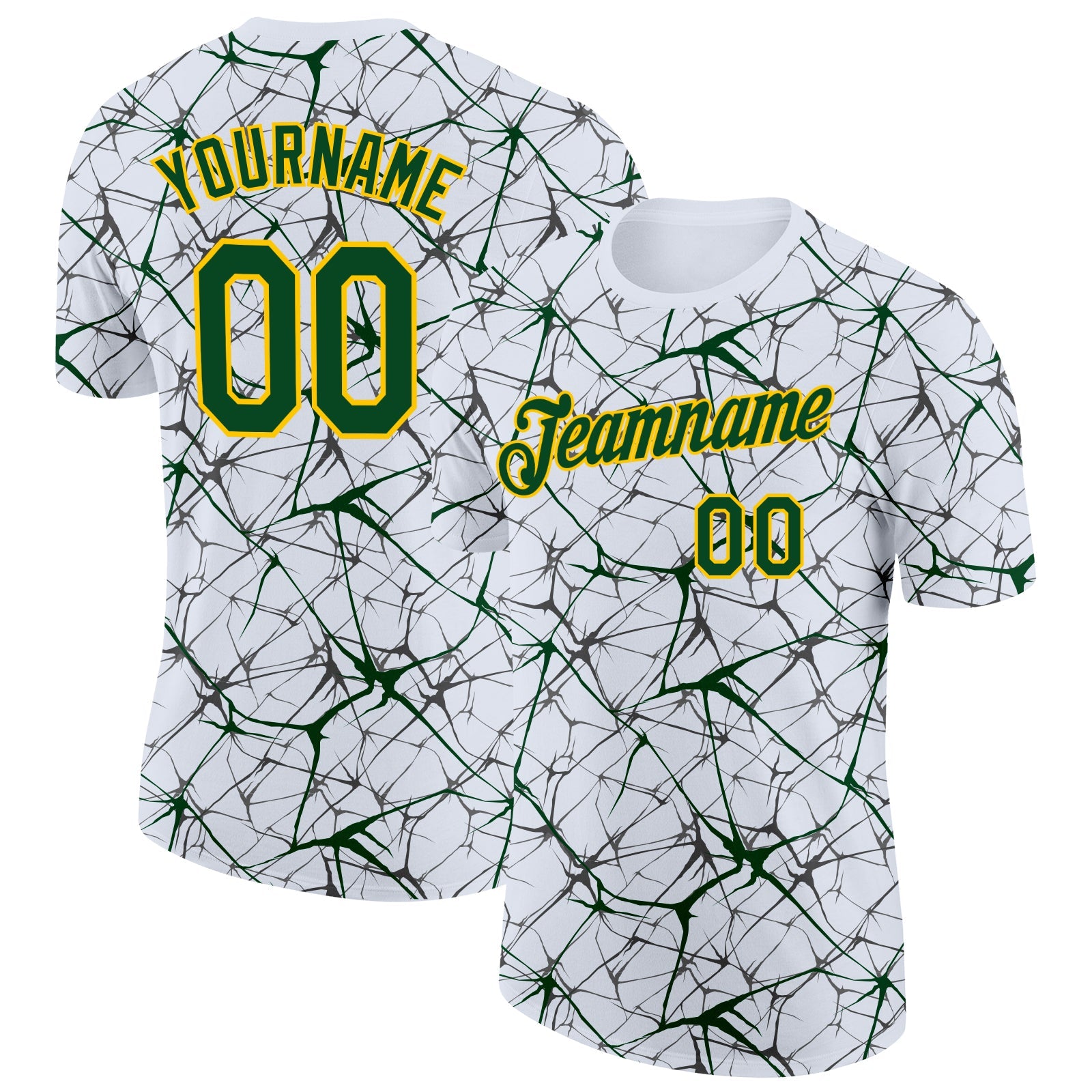 Custom White Green Gray-Yellow Abstract Network Crackle Performance T-Shirt - Main View