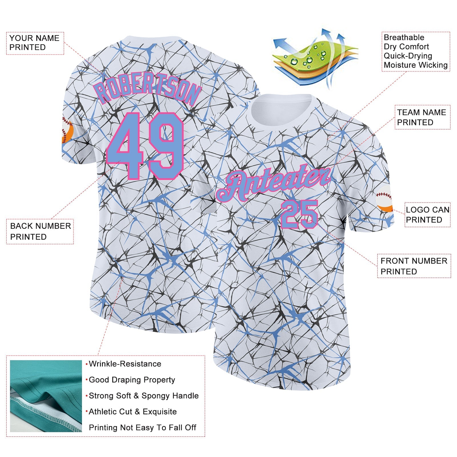 Custom White Powder Blue Gray-Pink Abstract Network Crackle Performance T-Shirt view 2