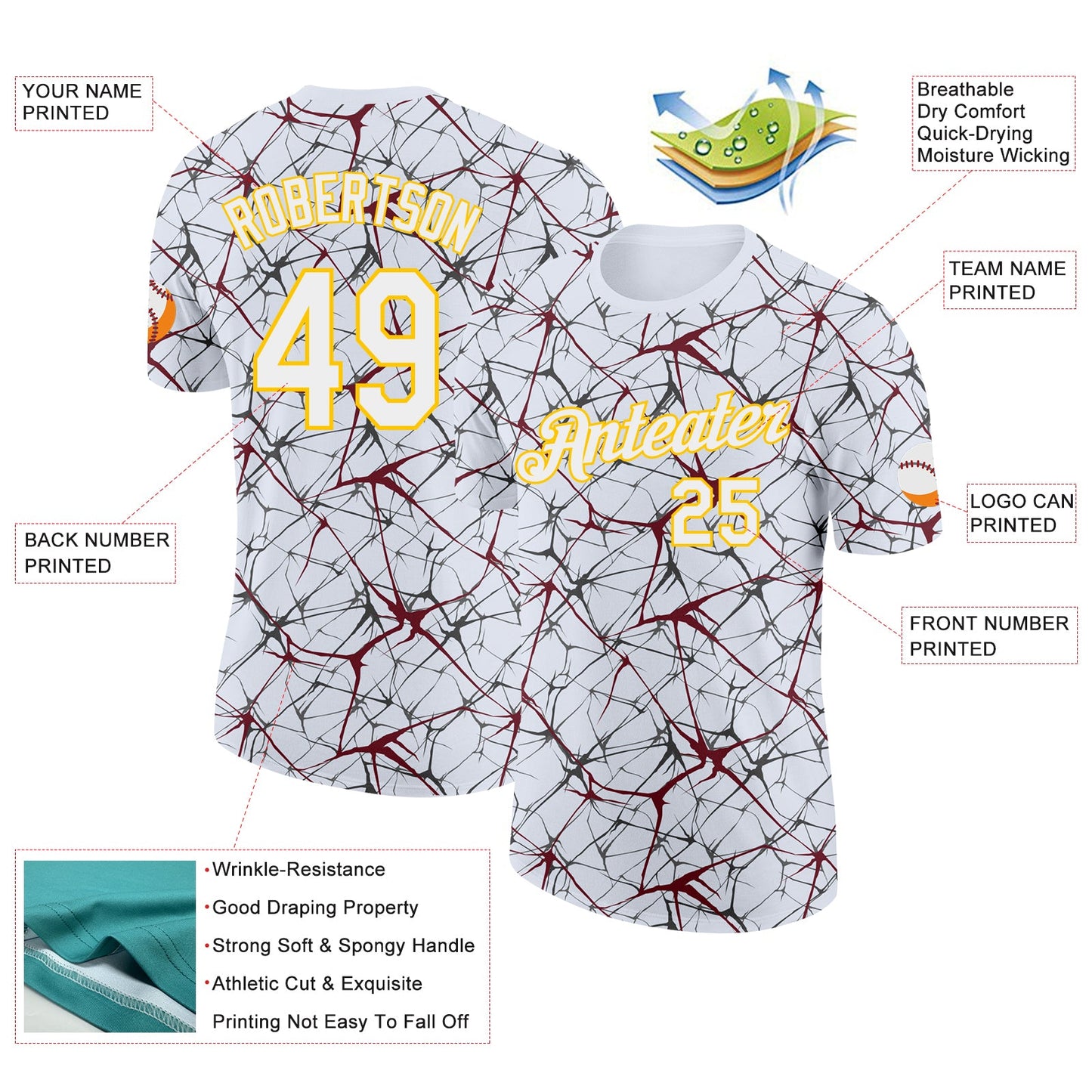 Custom White Burgundy Gray-Yellow Abstract Network Crackle Performance T-Shirt view 2