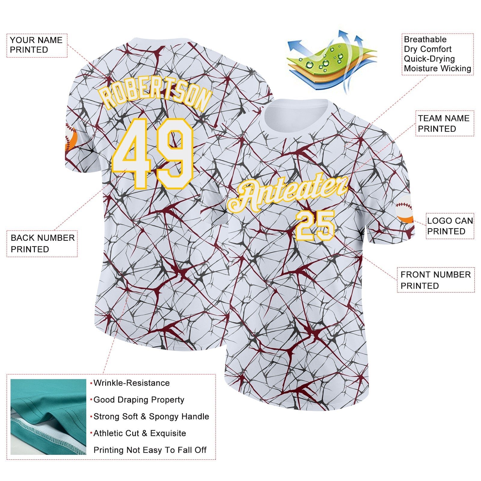 Custom White Burgundy Gray-Yellow Abstract Network Crackle Performance T-Shirt view 2