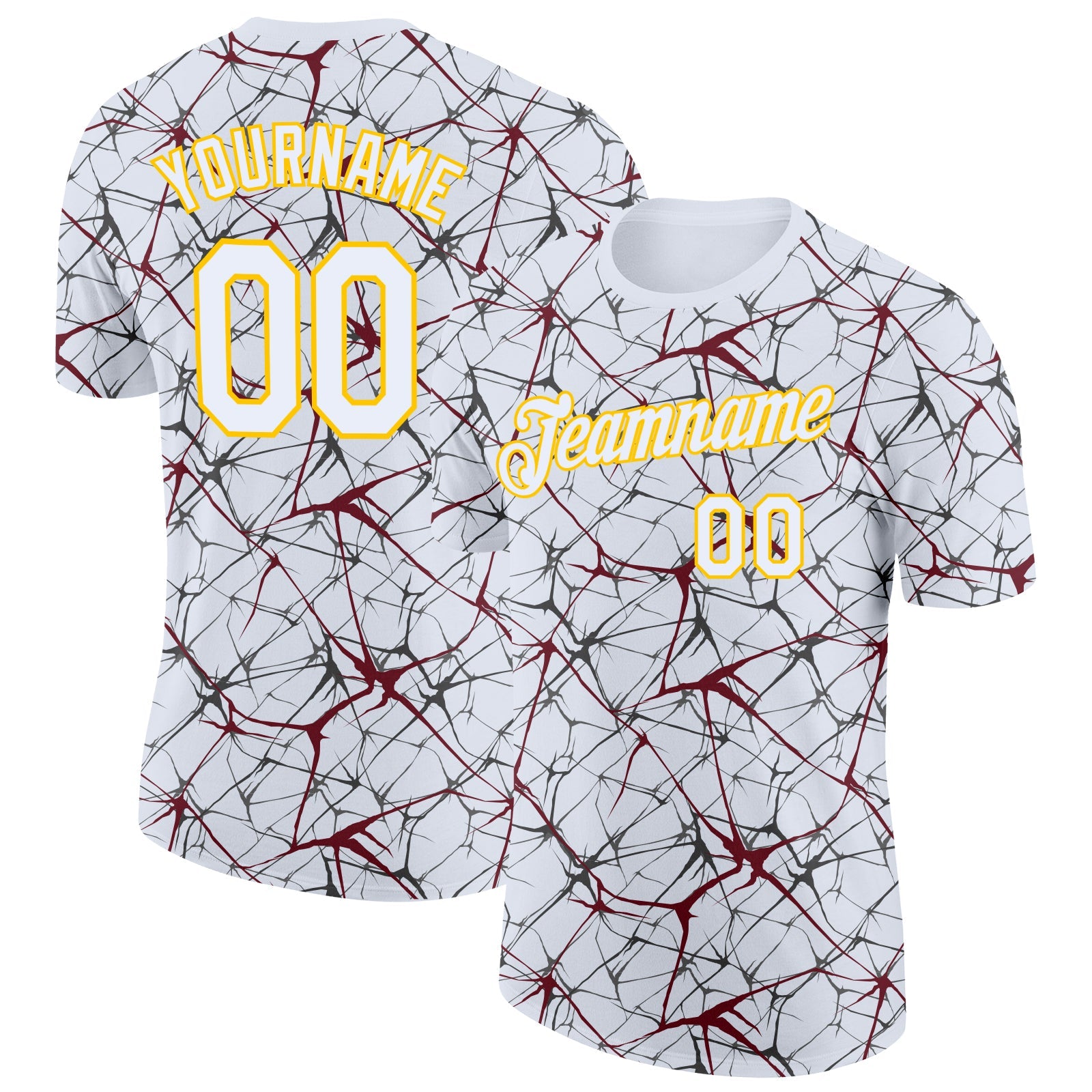 Custom White Burgundy Gray-Yellow Abstract Network Crackle Performance T-Shirt - Main View