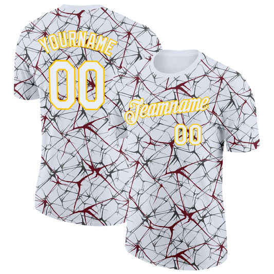 Custom White Burgundy Gray-Yellow Abstract Network Crackle Performance T-Shirt - Main View
