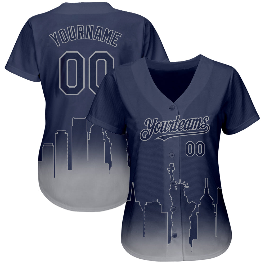 Custom Navy Gray 3D New York City Edition Fade Fashion Authentic Baseball Jersey view 2