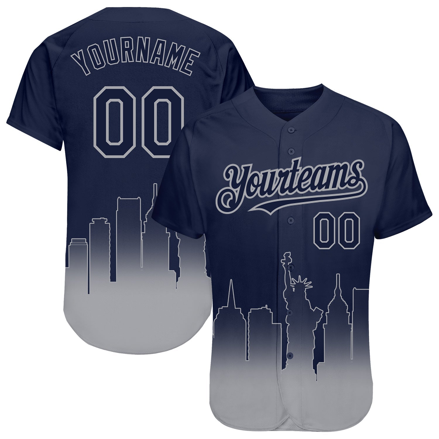 Custom Navy Gray 3D New York City Edition Fade Fashion Authentic Baseball Jersey - Main View