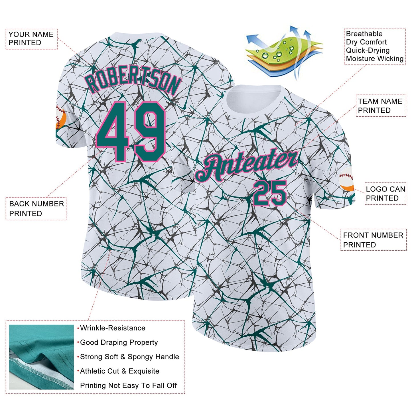 Custom White Teal Gray-Pink Abstract Network Crackle Performance T-Shirt view 2