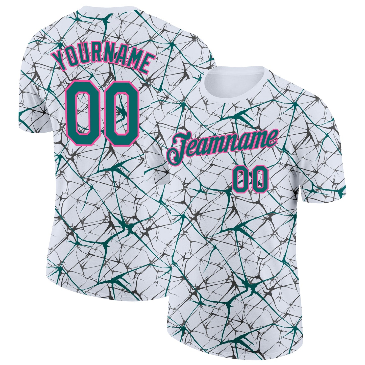 Custom White Teal Gray-Pink Abstract Network Crackle Performance T-Shirt - Main View