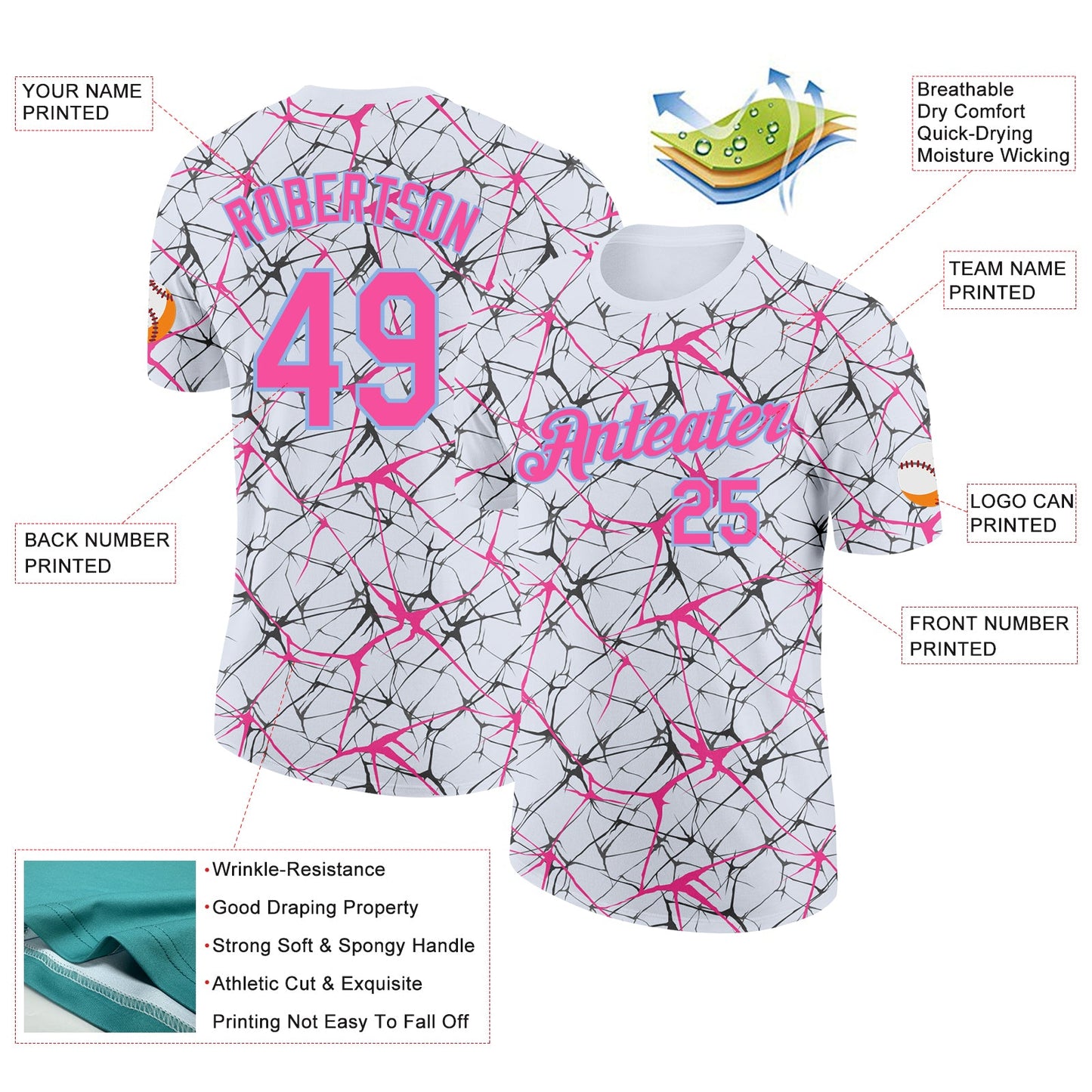 Custom White Pink Gray-Light Blue Abstract Network Crackle Performance T-Shirt view 2