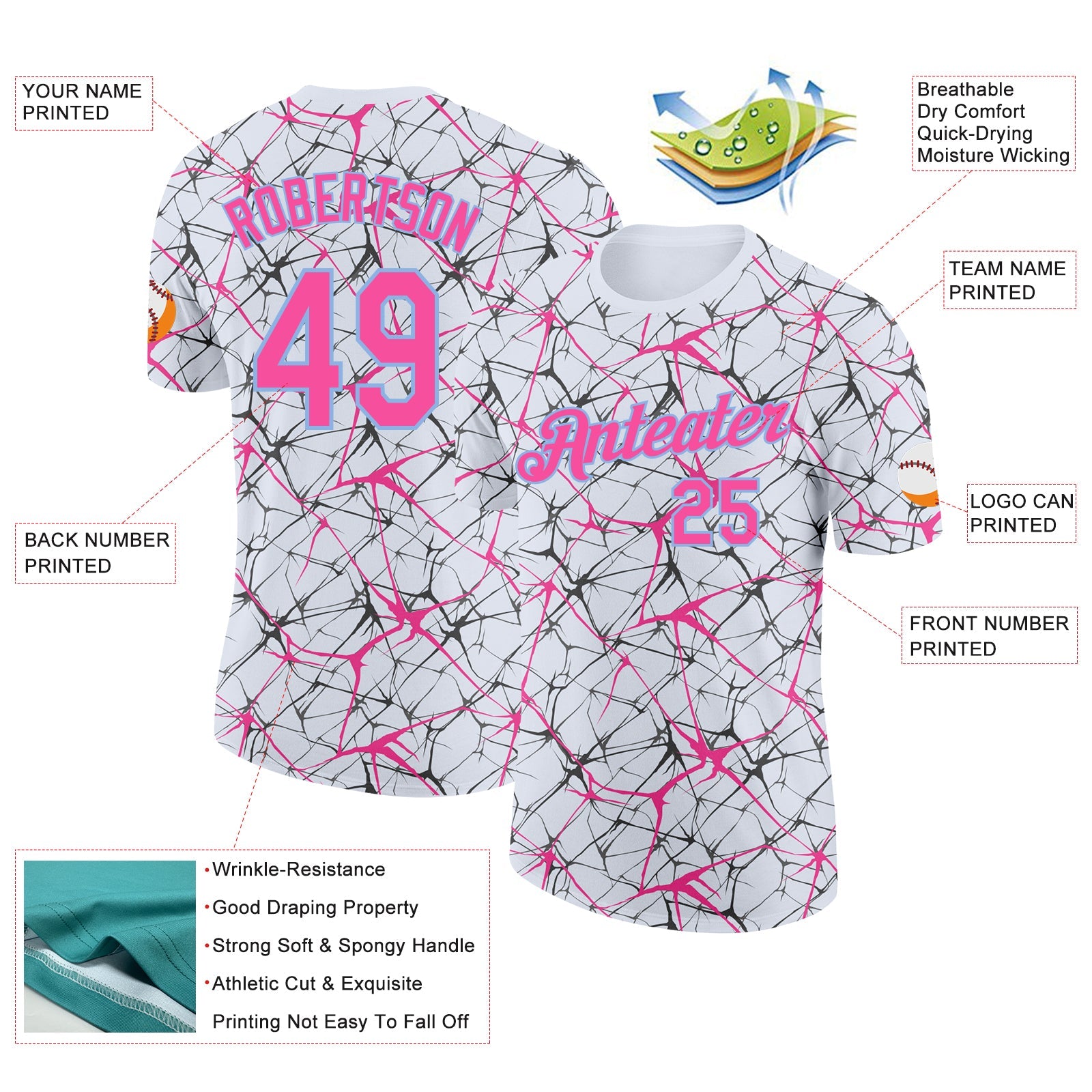 Custom White Pink Gray-Light Blue Abstract Network Crackle Performance T-Shirt view 2