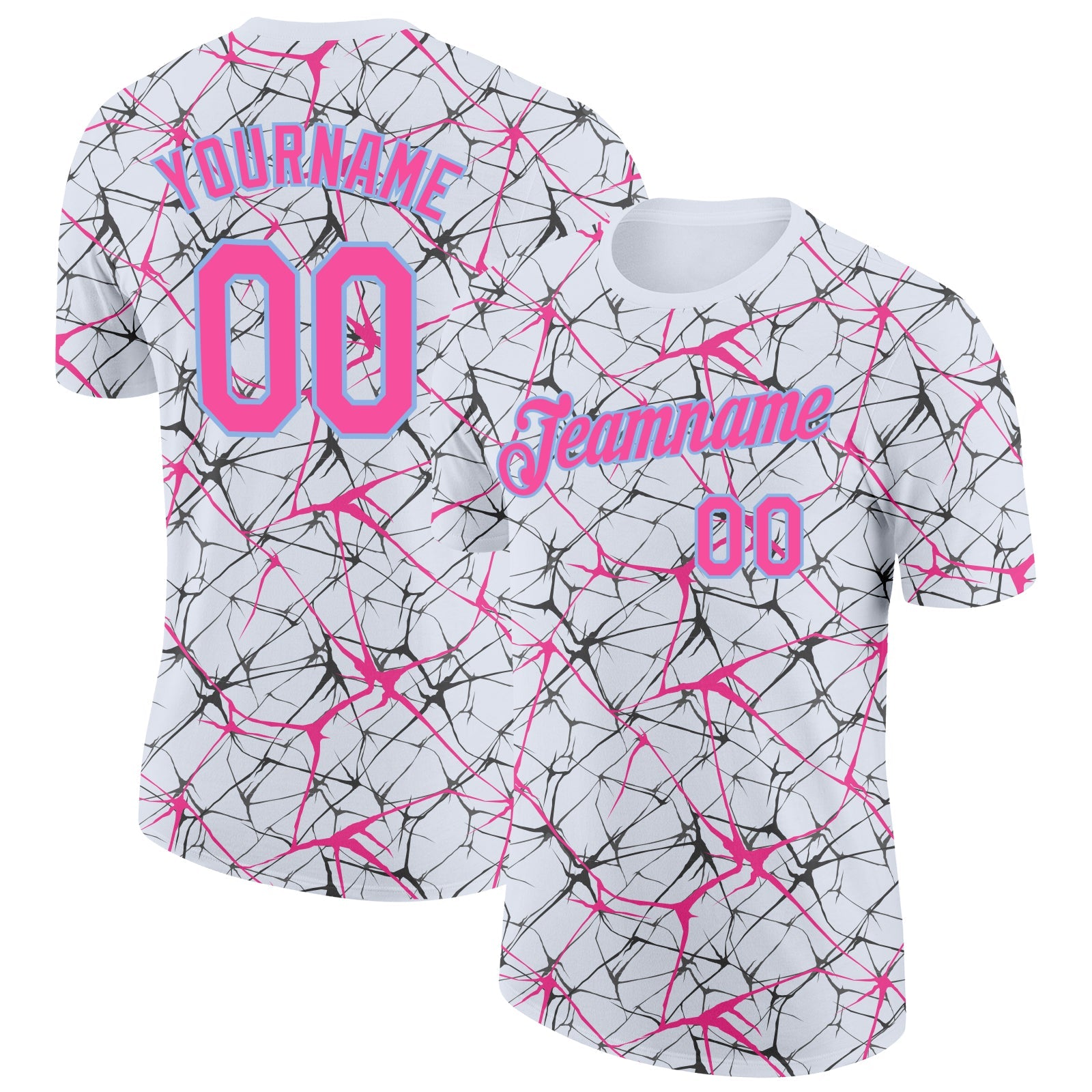 Custom White Pink Gray-Light Blue Abstract Network Crackle Performance T-Shirt - Main View