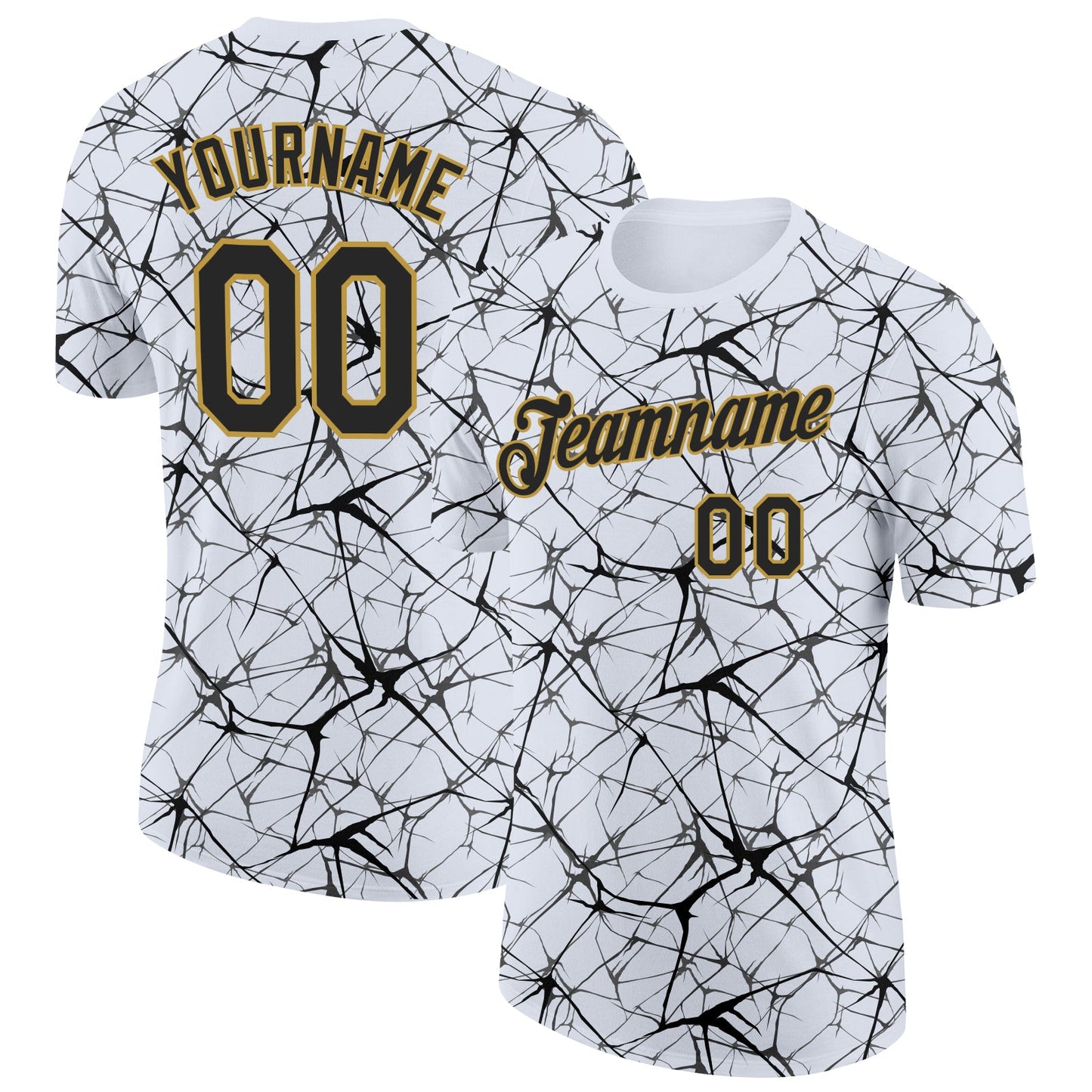 Custom White Black Gray-Old Gold Abstract Network Crackle Performance T-Shirt - Main View