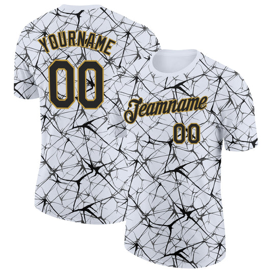 Custom White Black Gray-Old Gold Abstract Network Crackle Performance T-Shirt - Main View