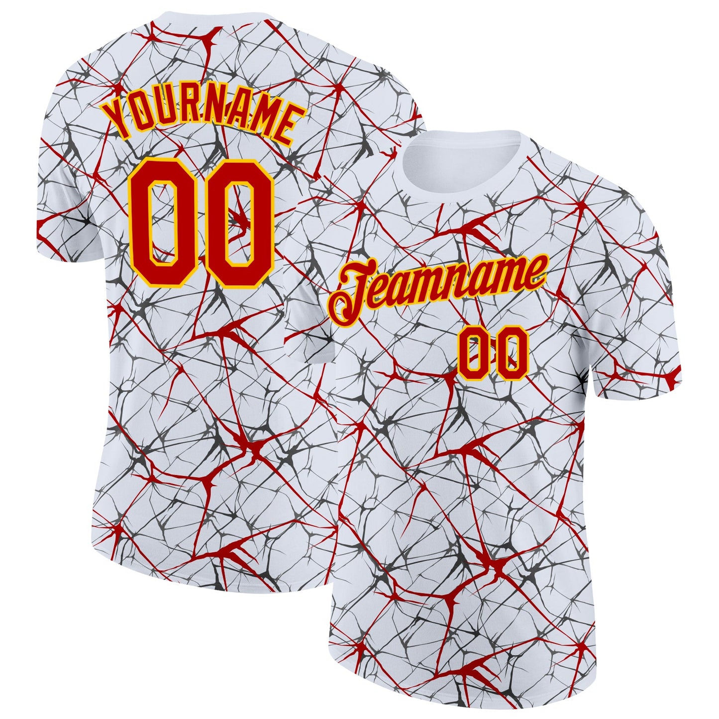 Custom White Red Gray-Yellow Abstract Network Crackle Performance T-Shirt - Main View