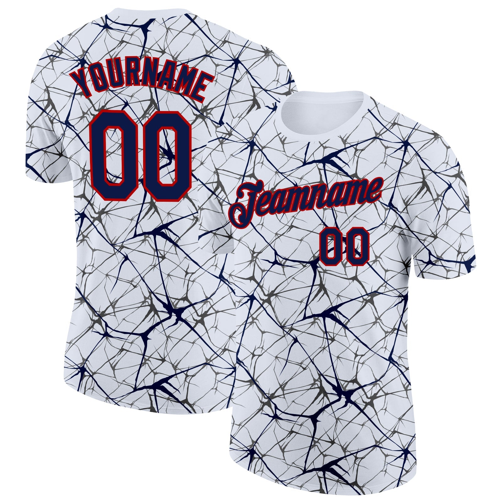 Custom White Navy Gray-Red Abstract Network Crackle Performance T-Shirt - Main View