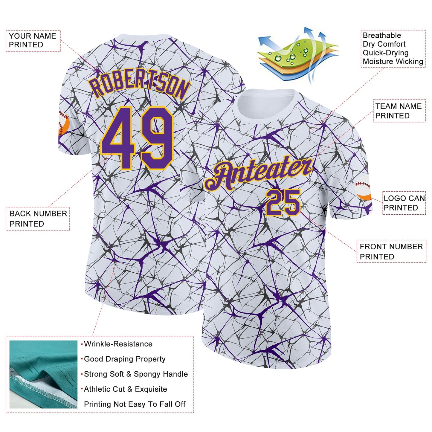 Custom White Purple Gray-Yellow Abstract Network Crackle Performance T-Shirt view 2