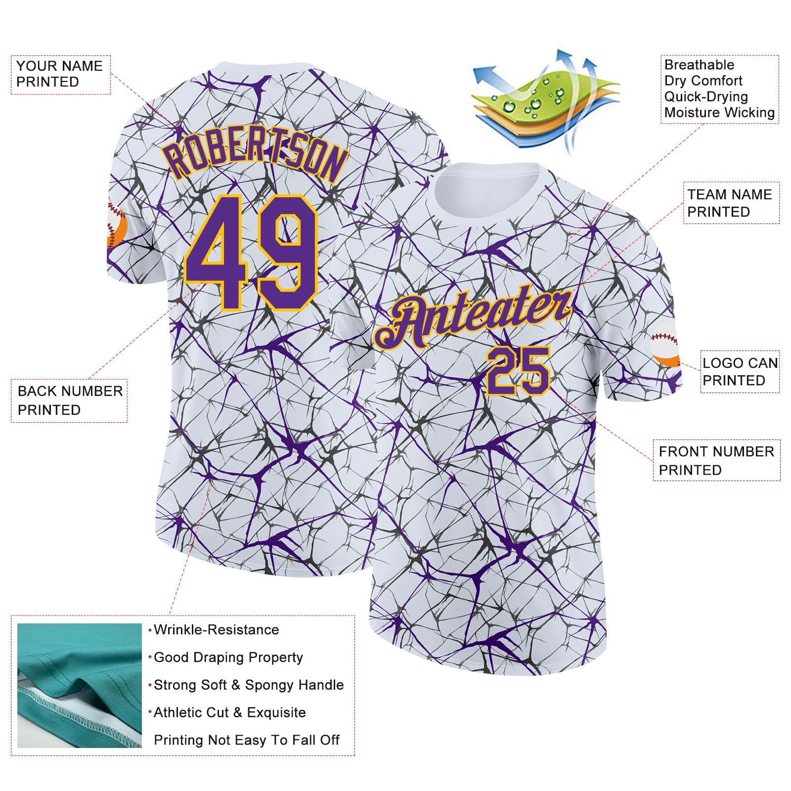 Custom White Purple Gray-Yellow Abstract Network Crackle Performance T-Shirt view 2